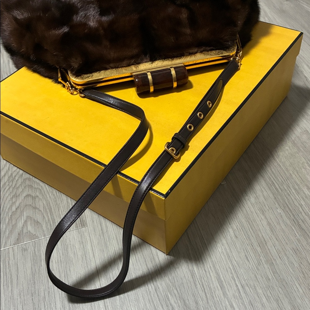 Miu Miu Brown Mink Fur Oversized Clutch with Gold Handle Accent & Brown Strap - Picture 12 of 14